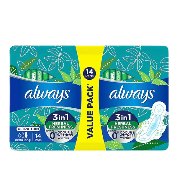 Always 3-in-1 Ultra Thin (Extra Long) Sanitary Pads Value Pack, 14 Ct