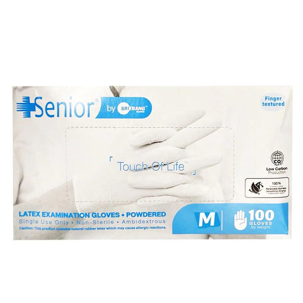 Senior Latex Powdered Disposable Examination Gloves (Medium), 100 Ct